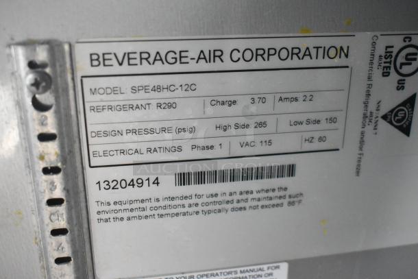 Beverage Air SPE48HC-12C label details refrigerant R290, electrical ratings 115V, 1 phase, design pressure, and safety certifications.