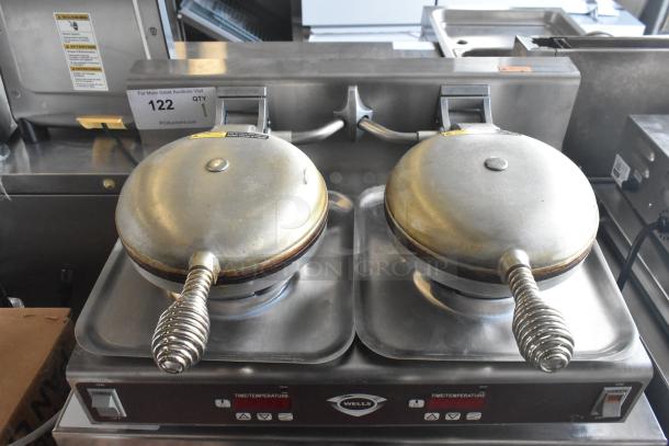 Wells WB2E Commercial Countertop Double Waffle Maker with brushed metal finish, dual plates, 208/240V, 1 phase.