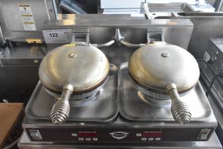 Wells WB2E Commercial Countertop Double Waffle Maker with brushed metal finish, dual plates, 208/240V, 1 phase.