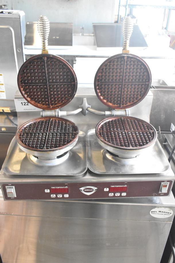 Wells WB2E Commercial Double Waffle Maker, 208/240V, 1 Phase. Dual round waffle plates, visible brand logo, and controls.