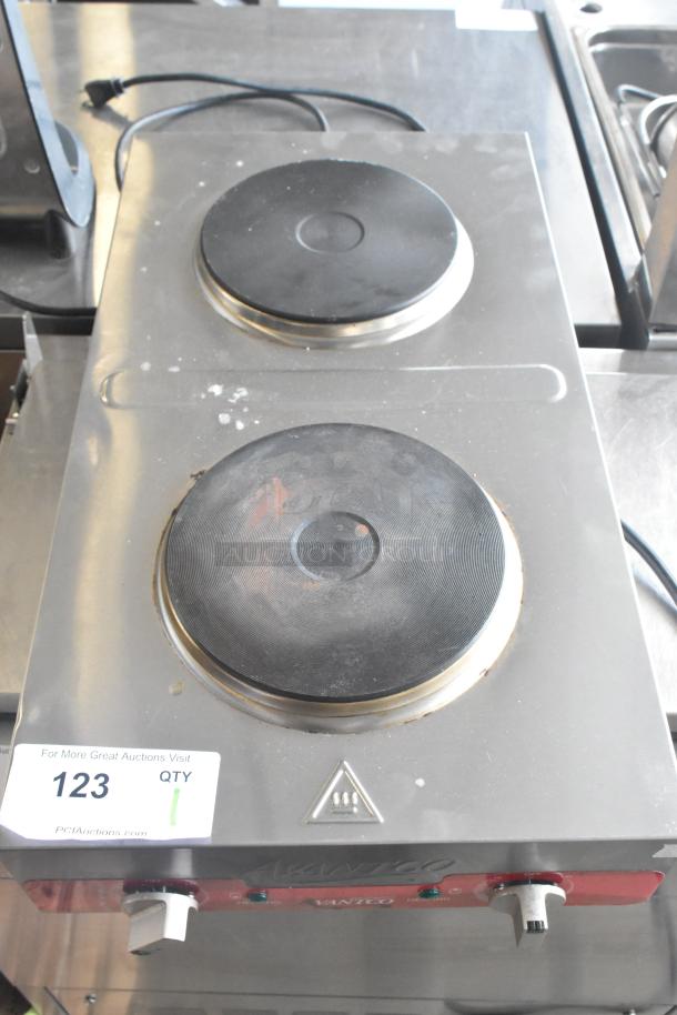 Avantco 177EB202FBM countertop electric 2 burner hot plate range, 240 volts, used condition, visible surface wear.