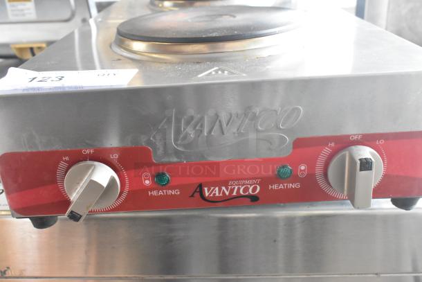 Avantco 177EB202FBM countertop electric 2 burner hot plate range, 240 volts, 1 phase. Stainless steel with control knobs.