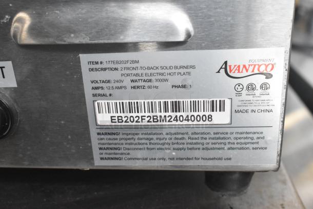 Avantco 177EB202FBM countertop electric hot plate range, 240V, 1 phase, 2 burners. Model details and safety warnings shown.