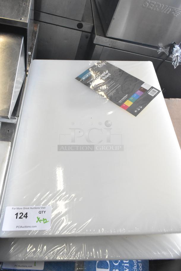 12 new Choice 40724185WH white polyethylene cutting boards, 24" x 18" x 1/2", packaged with slight scratches.