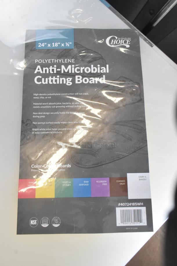 Choice anti-microbial cutting board, 24"x18"x1/2", white polyethylene, non-skid, prevents cross-contamination, model #40724185WH.