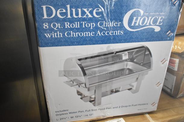 BRAND NEW Choice 407RTCHROM Deluxe 8 Qt. Roll Top Chafer with Chrome Accents, includes water pan and fuel holders.