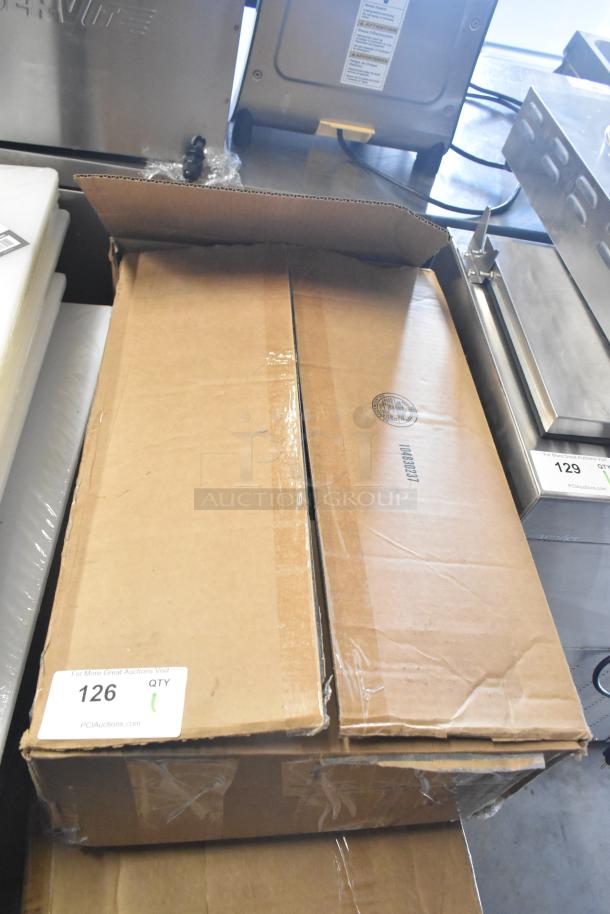 Boxed CaterGator black top loading insulated food pan carrier, new with minor dents. Auction tag 126 visible.