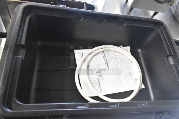 BRAND NEW CaterGator black top-loading insulated food pan carrier, scratch and dent, includes manual and gasket.