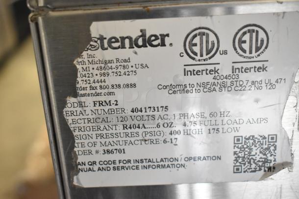 Glastender FRM-2 commercial ice cream freezer label showing model, serial number, electrical specs, and certification.