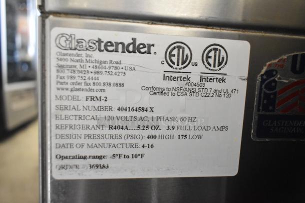 Glastender FRM-2 commercial 24" mobile ice cream freezer, 2 tub capacity, 120V, on casters, model tag with specs shown.