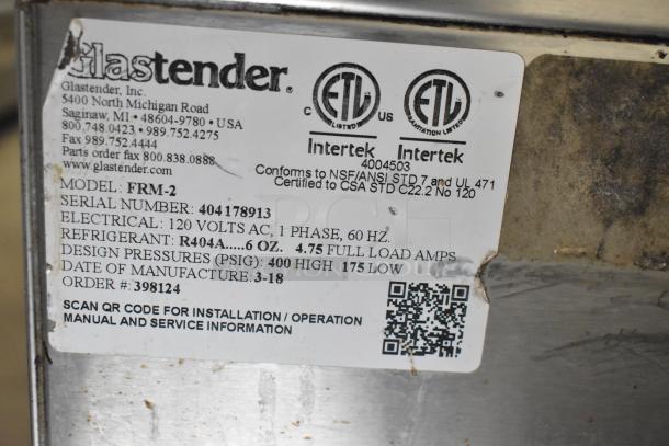 Glastender FRM-2 label detailing model, serial number, electrical specs, refrigerant type, and manufacturing date.