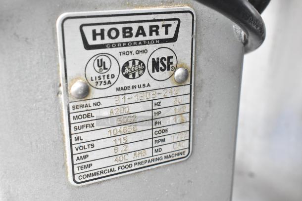 Hobart A200 dough mixer label showing model, voltage, and certification details. Good condition, 115V, 1 phase.