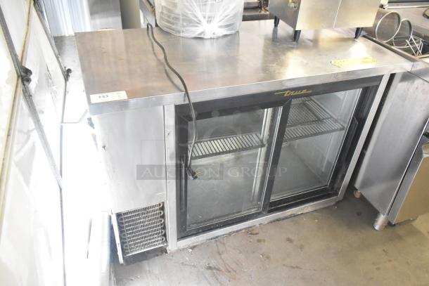 True TBB-24-48G-SD-S-LD 2 Door Back Bar Cooler Merchandiser, glass doors, stainless steel, 115V, commercial use.