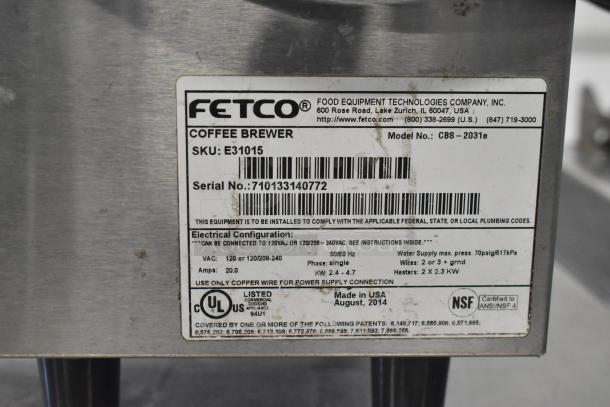 Fetco CBS-2031e Commercial Coffee Machine label, showing SKU: E31015, Serial: 710133140772. 120 Volts, 1 Phase.