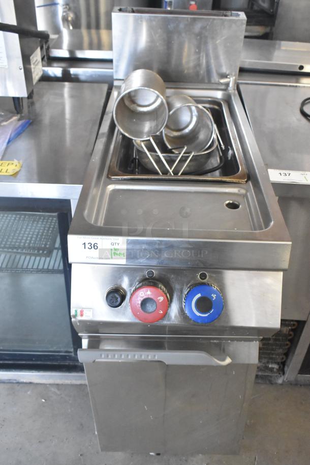 Rosito Bisani CPG1TWBHBTU commercial pasta cooker, natural gas, 80,000 BTU, floor style, with controls and basket.