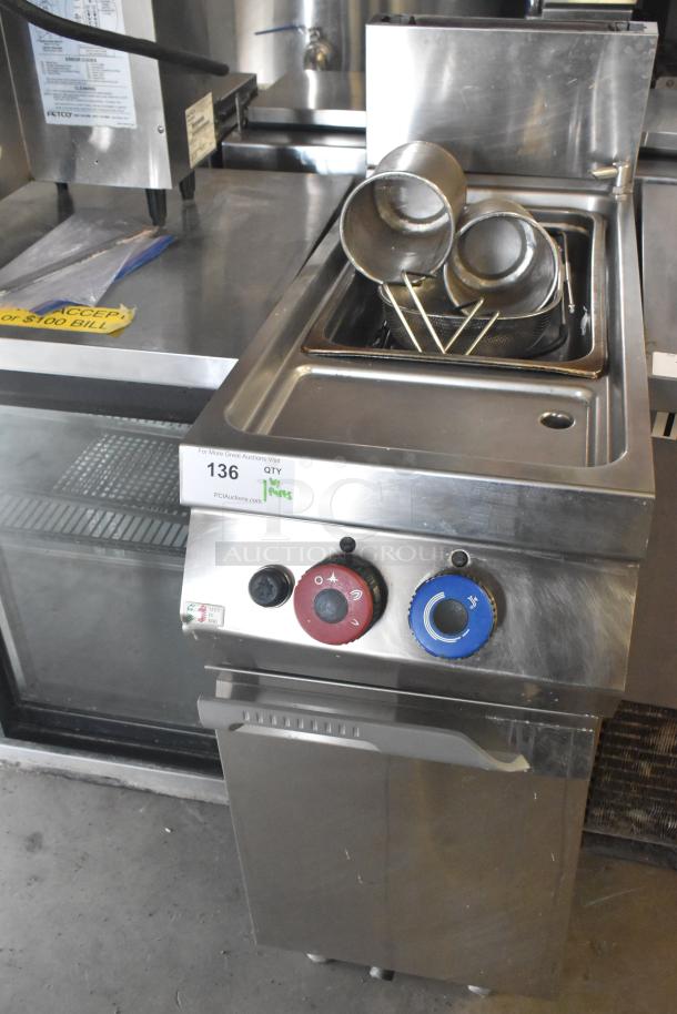 Rosito Bisani CPG1TWBHBTU commercial pasta cooker, natural gas, 80,000 BTU, stainless steel, floor style, front control panel.