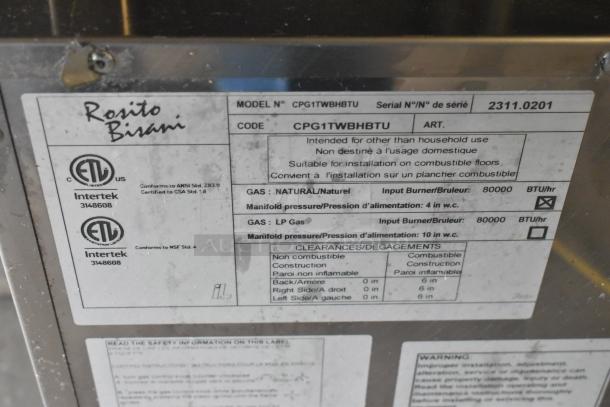 Rosito Bisani CPG1TWBHBTU natural gas pasta cooker label, showing model, 80,000 BTU, installation guidelines, and certification marks.