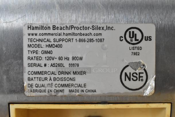 Hamilton Beach HMD400 drink mixer label, 120V, 60Hz, 900W, serial A5260L. UL listed, NSF certified.