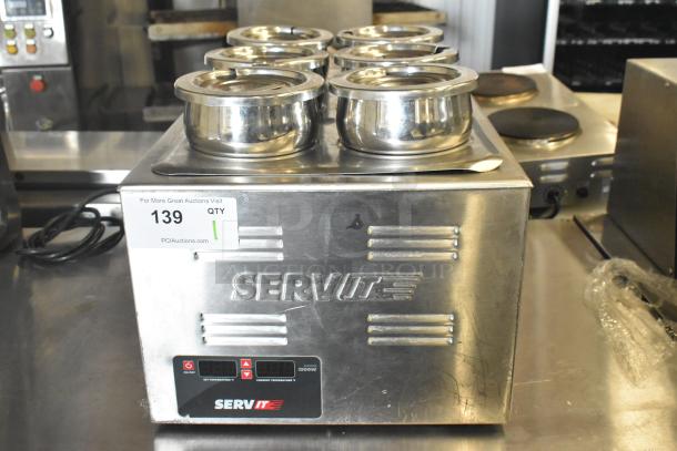 ServIt 423FW150 countertop food warmer, 120 volts, 1 phase, with six stainless steel pots, digital controls, and visible model branding.