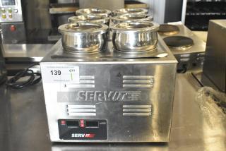 ServIt 423FW150 countertop food warmer, 120 volts, 1 phase, with six stainless steel pots, digital controls, and visible model branding.