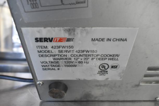 ServIt 423FW150 Countertop Food Warmer, 120V, 1 Phase, 12"x20"x8" deep well, 1500W, label shows product specs and UL, NSF marks.