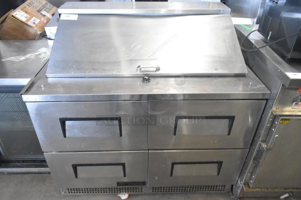 True TFP-48-18M-D-4 commercial salad prep table with 4 drawers, stainless steel, on casters, 115V.