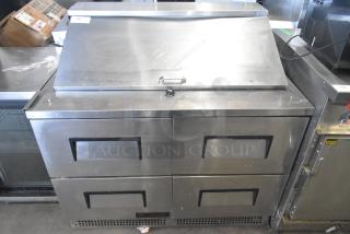 True TFP-48-18M-D-4 commercial salad prep table with 4 drawers, stainless steel, on casters, 115V.