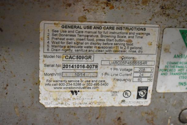 Winston CVap CAC509GR heated holding cabinet, 208V, 1 Phase. Features care instructions and model/serial number labels.