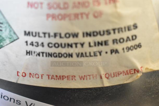 McCann's Motor, 115 Volts, 1 Phase, labeled with Multi-Flow Industries address; tag warns "Do Not Tamper With Equipment."
