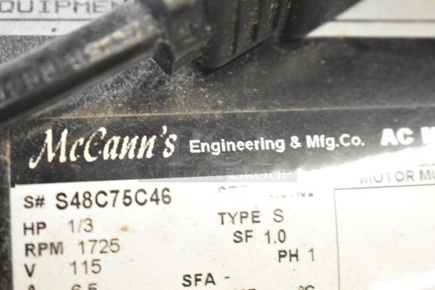 McCann's Motor label showing 115 Volts, 1 Phase, 1/3 HP, RPM 1725, Type S, model S48C75C46.