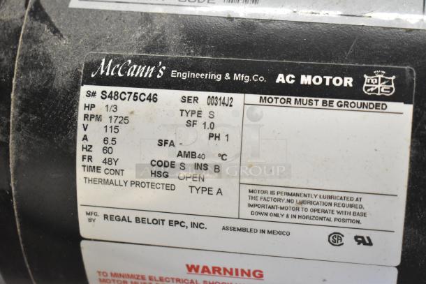 McCann's Motor label showing specifications: 115V, 1 phase, 1/3 HP, 1725 RPM, thermally protected, type S, assembled in Mexico.