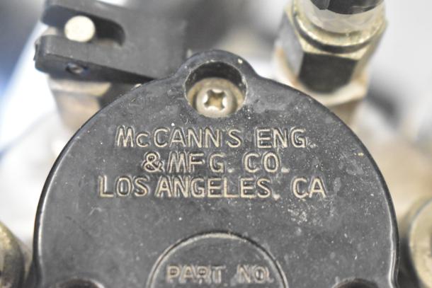 McCann's Motor, 115 Volt, 1 Phase, shows label with "McCANN'S ENG & MFG CO, LOS ANGELES, CA," detailing manufacturer and location.