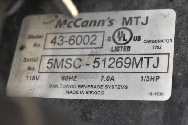 McCann's Motor label showing model 43-6002, 115V, 60Hz, 7.0A, 1/3 HP, serial 5MSC-51269MTJ, UL listed, Manitowoc Beverage Systems.