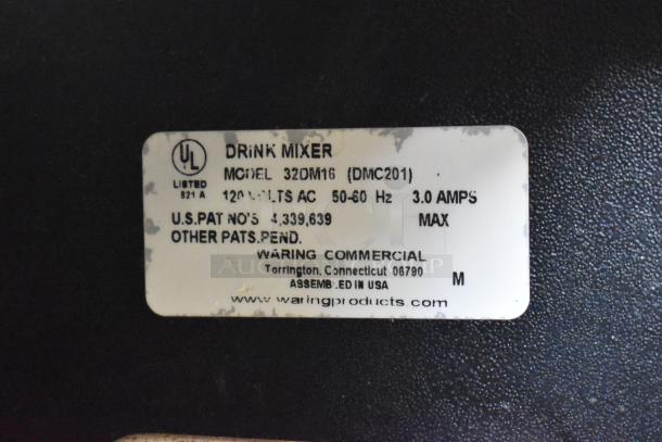 Waring 32DM16 Countertop Drink Mixer label, model 32DM16, 120V, 1 Phase, 3.0 amps, USA-made, patent details visible.
