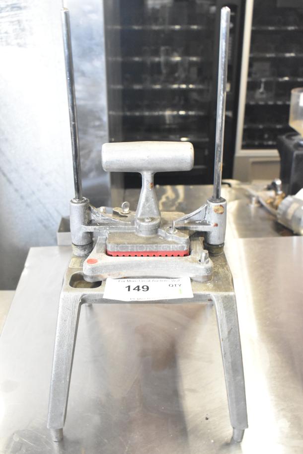 Nemco Countertop Vegetable Dicer, metal construction, manual operation, sturdy base, auction tag labeled "149".