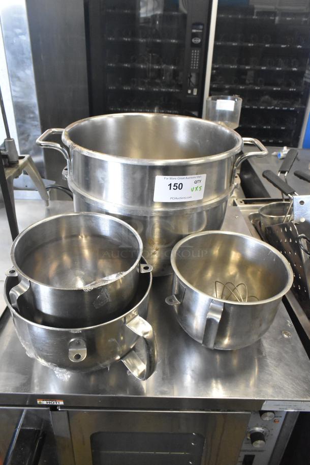 Set of 4 stainless steel mixing bowls, including A-30SS 30 Quart bowl, and 1 whisk attachment. Auction label "150" visible.