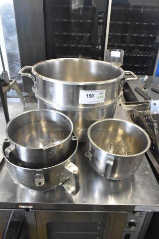 Set of 4 stainless steel mixing bowls, including A-30SS 30 Quart bowl, and 1 whisk attachment. Auction label "150" visible.