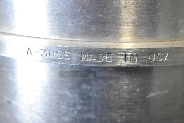 Close-up of metal bowl labeled "A-30SS Made in USA," part of 5-item set including 4 mixing bowls and whisk attachment.