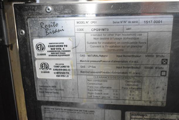 Rosito Bisani CPG91MT0 commercial gas pasta cooker, 50,000 BTU, featuring compliance labels and installation instructions.