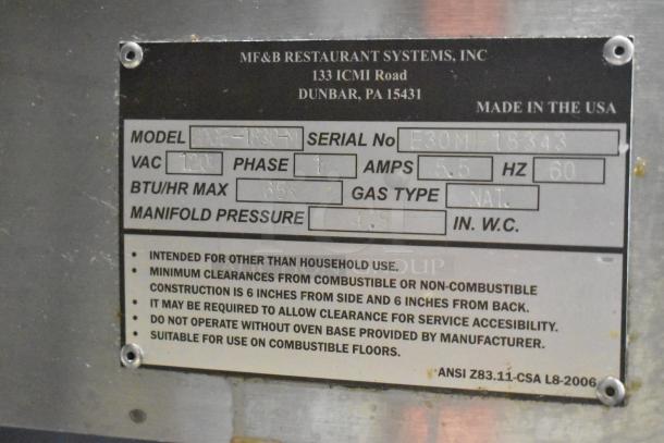 MF&B EDGE-1830-M conveyor pizza oven label, natural gas, serial E30MH18343, 120V, 1 phase, 5.5 amps, BTU/hr max 65,000.