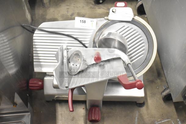 Berkel 827A-PLUS countertop meat slicer with blade sharpener. Features include red controls and 115V, 1-phase power.