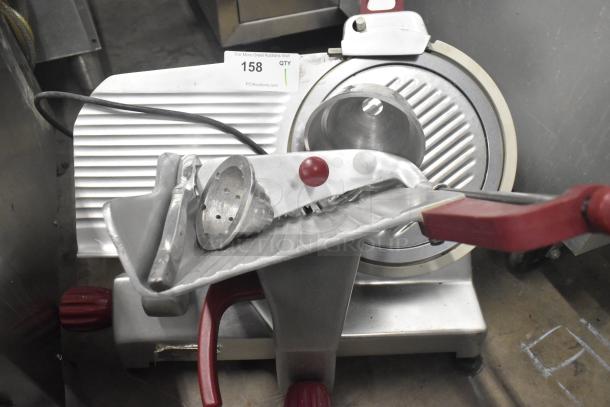 Berkel 827A-PLUS countertop meat slicer with blade sharpener. Features include adjustable red handles and 115V, 1 Phase.