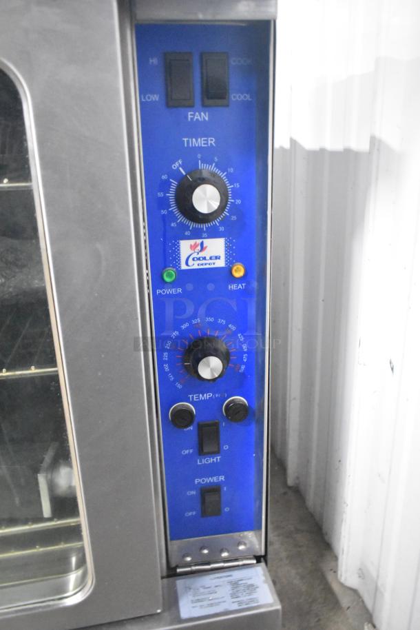 Cooler Depot TC-COE 240 convection oven with view through doors, thermostatic controls, and metal legs. 240V, 1 phase.