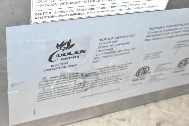 Cooler Depot TC-COE 240 Commercial Convection Oven label, showing model number, voltage, and safety warnings.