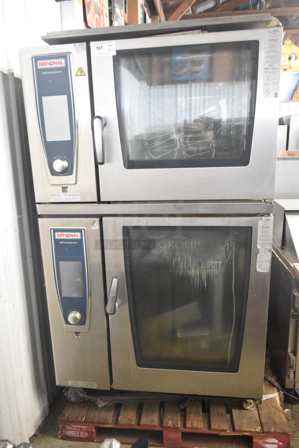 Rational SCCWE62/SCCWE102 stainless steel convection ovens on casters, 480V, 3-phase, with control panels visible.