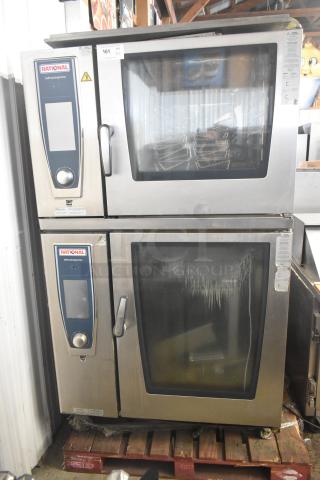 Rational SCCWE62/SCCWE102 stainless steel convection ovens on casters, 480V, 3-phase, with control panels visible.