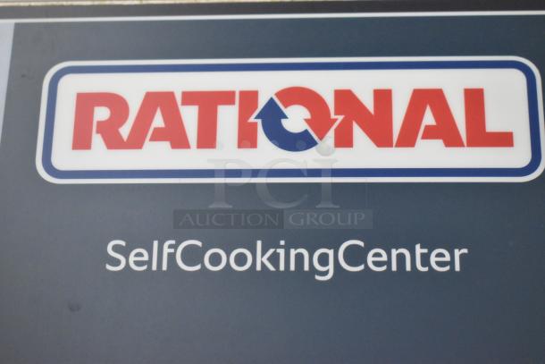Rational SelfCookingCenter logo on stainless steel electric convection oven, 480V, 3 phase, on commercial casters.