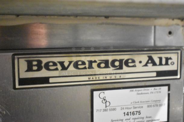 Beverage Air commercial prep table tag, indicating "Made in U.S.A.," features commercial casters. 115 Volts, 1 Phase.