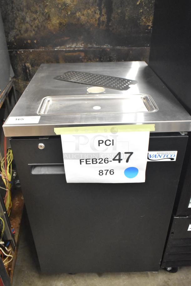 Brand new 2024 Avantco UDD-1-HC single tap kegerator in black, 1/2 keg capacity, commercial casters, 115V, with label.