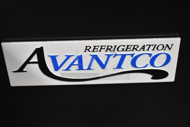 Alt text: "Avantco logo on black surface of 2024 Avantco UDD-1-HC kegerator, single tap, 1/2 keg capacity."